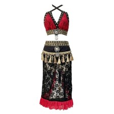 Belly Dance Studded Lace Skirt Set Red Choli 2 pieces Top and Hip Scarf