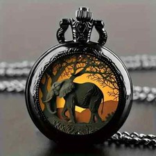 Classic Ornament, Elegant Vintage Elephant Quartz Pocket Watch - Black