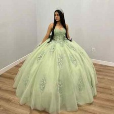 Sage Green Princess Quinceanera Dresses Ball Gown Lace Applique Sweet 16 Dress  