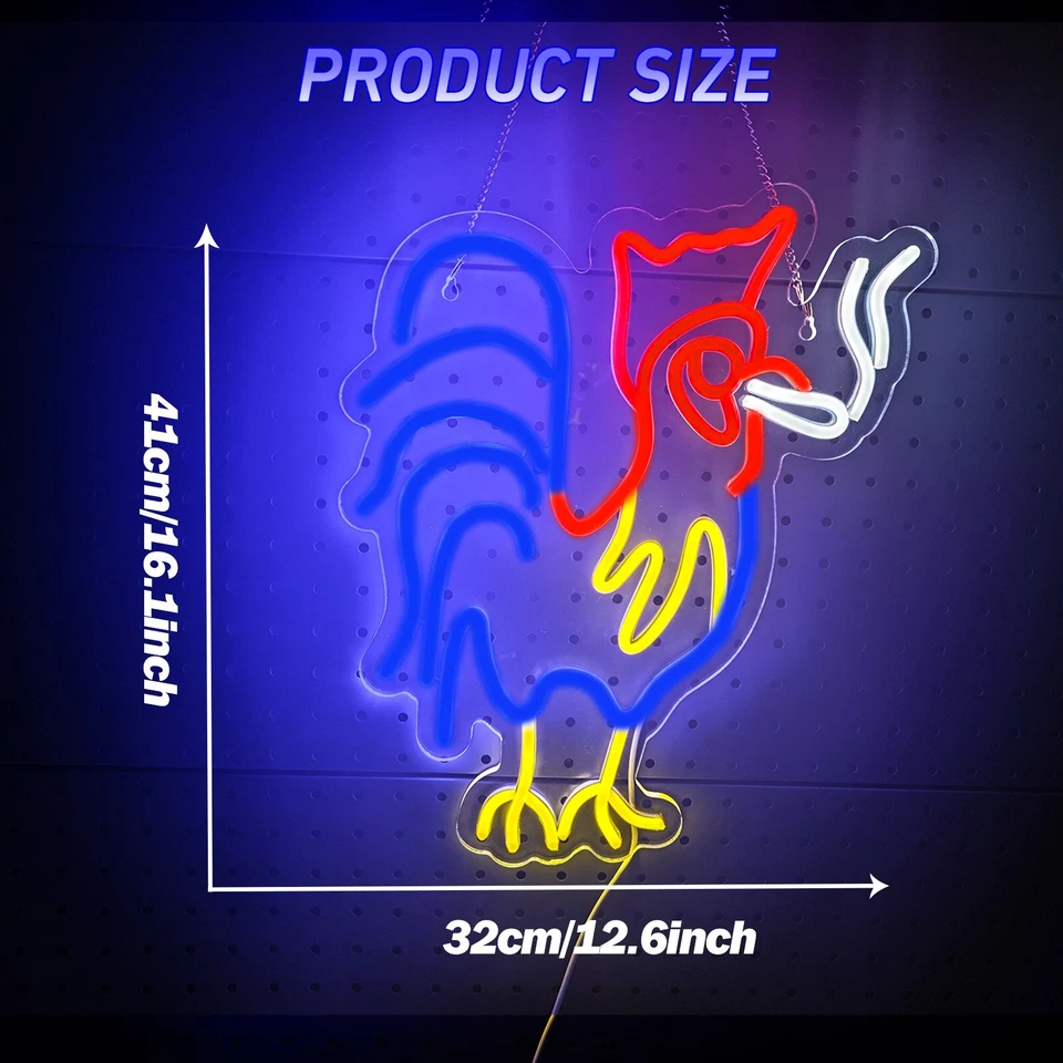Letrero de Neón Gallo Rojo Azul LED Iluminación Ajustable, Decoración de Pared Animal Foto 4 de 4