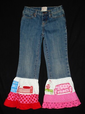 Girls Size 6 Jeans Custom Handmade Bell Bottom Flare Doll House Pink Ruffle Hem