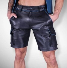 Black Men Leather Cargo Shorts Pants Men's Lambskin Real Leather Short Handmade