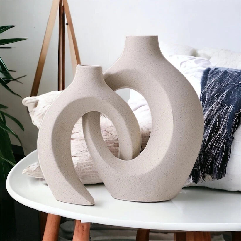2er Set Keramik Vase Hohle Beige Moderne Vasen Dekovase Nordisches Vasen Deko - Bild 3 von 4