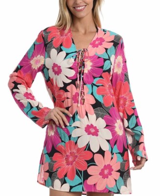 LA BLANCA In Full Bloom Lace Up Floral Tunic Cover-Up Large NWT