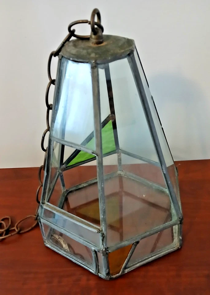 Swag colgante vintage de plantas de terrario con plomo/vidrio manchado años 70 con cadena de eslabones de 18" Foto 2 de 4