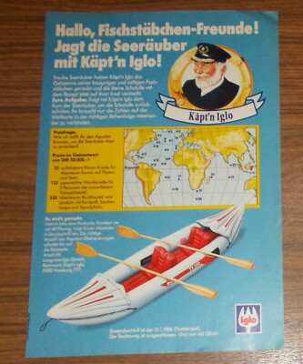 Seltene Werbung KÄPT'N IGLO Fischstäbchen Aufblasebares Riesen-Kajak Promo 1985