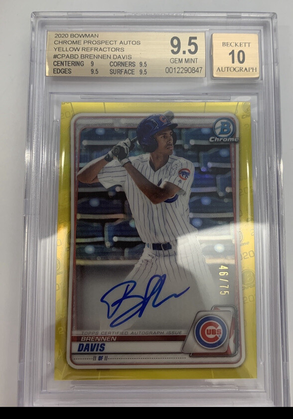 🚨 BRENNEN DAVIS 🚨 2020 1st Bowman Chrome Yellow /75 #CPABD RC BGS 9.5 Auto 10