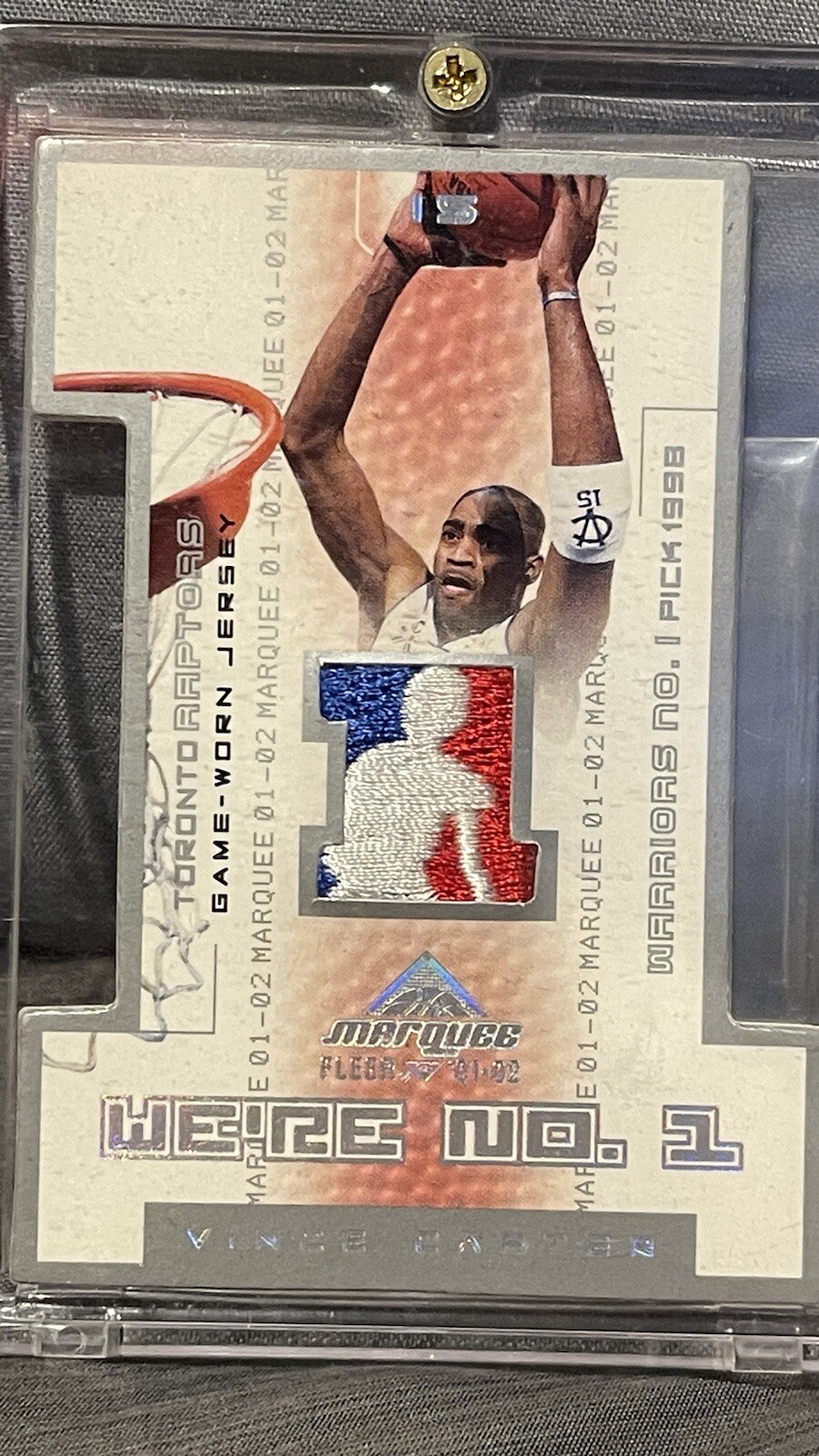 01-02 Fleer Marquee DieCut We’re No 1🔥Vince Carter Game used Logoman Jersey 1/1