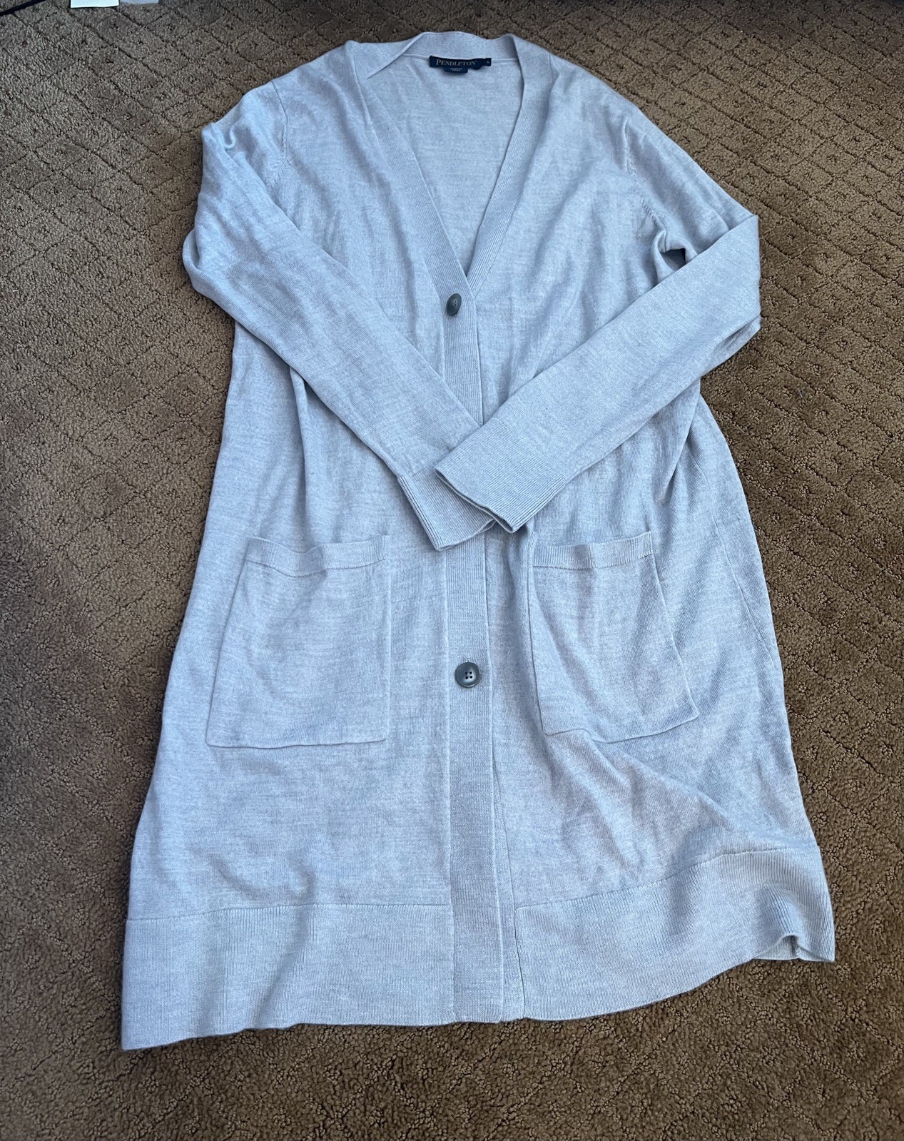 Pendleton Merino Wool Long Cardigan Sweater Light Gray Open Front Pocket L