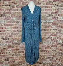 Hobbs Dress Green Spotted Stars UK 14 Long Sleeve Jersey Ruched Button Front