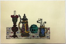 Japanese Woodblock Print Sumio Kawakami woodblock print "Still life lamp mug kis