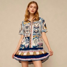 NWOT Farm Rio Linen Cerrado Stamps Short sleeve Mini Shirtdress Size XS Pocket