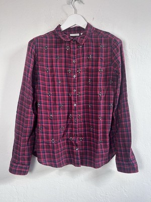 Halogen Womens Embellished Plaid Button Down Shirt Medium Red Jewel Detail NWOT