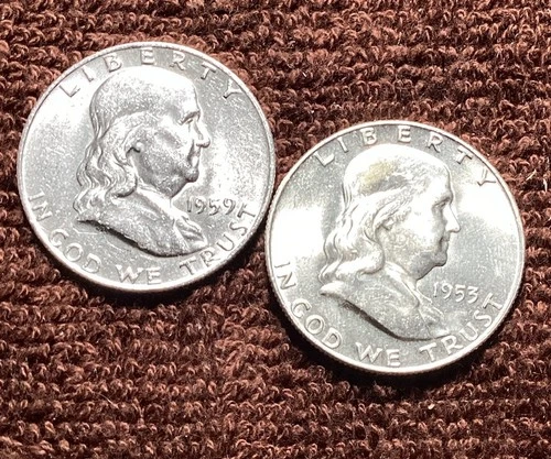 90% Silver Franklin Half Dollars 50c. 1959-D 1953-D. Lot Of (2) Free Shipping.