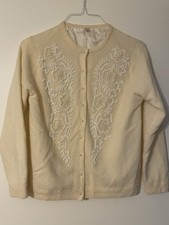 Vintage 1950  s Cream Lambswool Sweater W/Beads  Faux Pearls Size 38 Lining