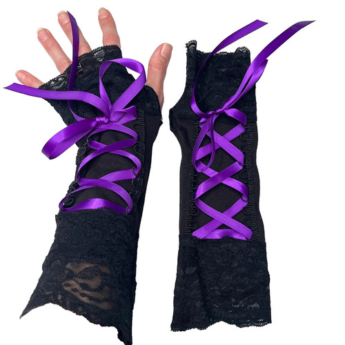 Corset Fingerless Gloves Black Lace Up Purple Gothic Wedding Wrist Hand Warmers