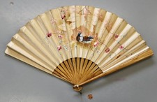 04/18. Victorian Hand-Painted Silk  Wood Hand Fan, Loving Birds, Repaired