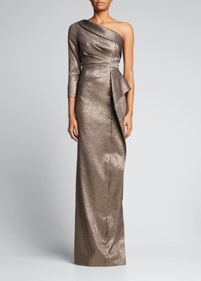 Rickie Freeman For Teri Jon One Sleeve Shimmer Jacquard Gown Size 4 $960.00