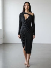 Donna Karan Sz Small Black  Long-Sleeve Viscose Blend Midi Dress Asimetric
