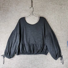 Aerie Soft Slub Knit Top Womens L Charcoal Boxy Elastic Waist Cuffs 