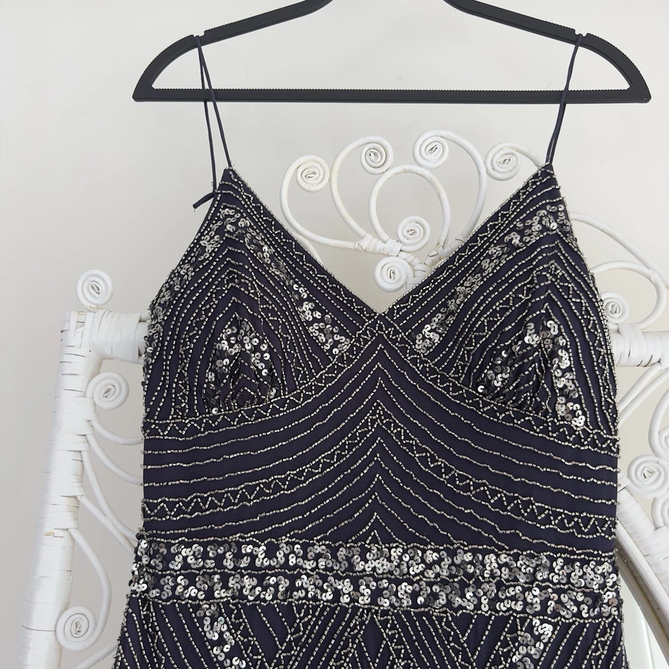 Marina Dress 12 Navy Sequin Rhinestone Maxi Floor Length Glam Gatsby Prom Gown - Image 3 of 4