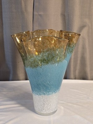 Lenox Seaview Ombre Ruffle Vase, 12-inch art glass wavy rim blue-amber gradient