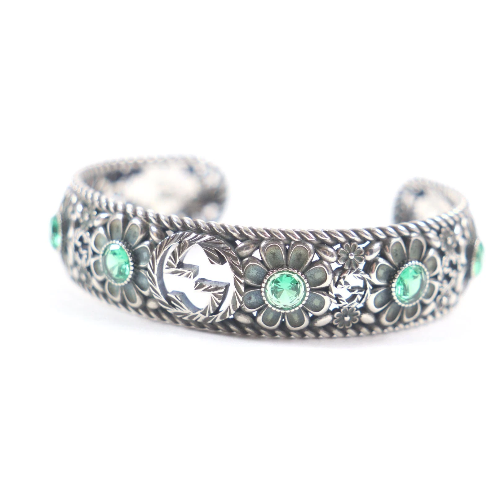 Bracciale GUCCI Cristallo Floreale Incastro G Ag925 Argento Verde 16 Scatola Wi