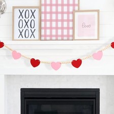 Valentine's Day Decor, Red Pink Felt Heart Wooden Bead Garland for Tiered Tray