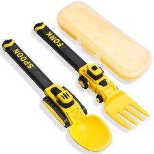 Construction Toddler Utensils - Reusable Plastic Toddler Fork and Spoon  Sto