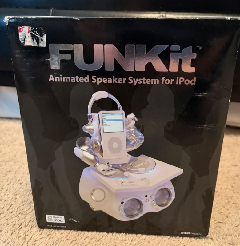NEW FUNKIT DJ Animated Speaker Vintage iPod Docking System White Silver RARE NIB
