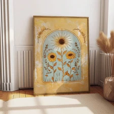 Sunflower Sun Art Poster Mystical Folk Art Illustration Flowery Spiritual Print