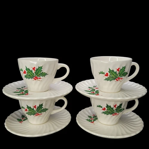 4 Sets Vintage SCIO Japan White Swirl Holly Berry Cup & Saucer Sets Tea Christma