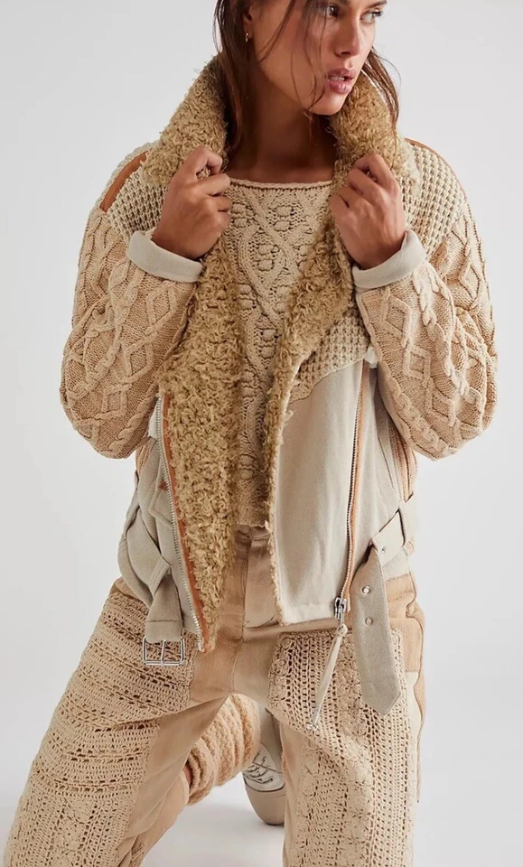 We The Free People 舒适针织混合摩托车夹克冬季白色大号全新带标签 398 美元