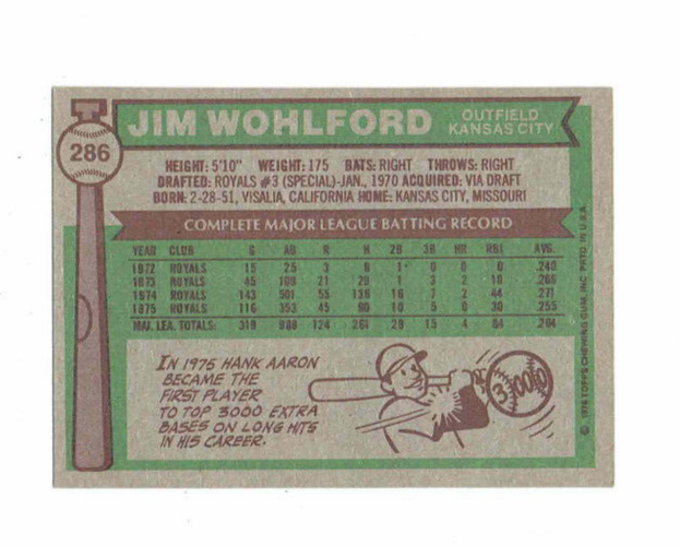 Jim Wohlford Kansas City Royals OF #286 Topps 1976 #Baseball Card