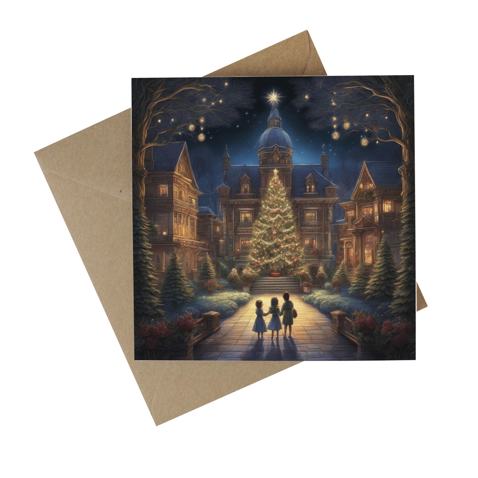 Christmas Town Tree Recycled Paper Cards - Festive Eco Greetings Cards 5 Pack
