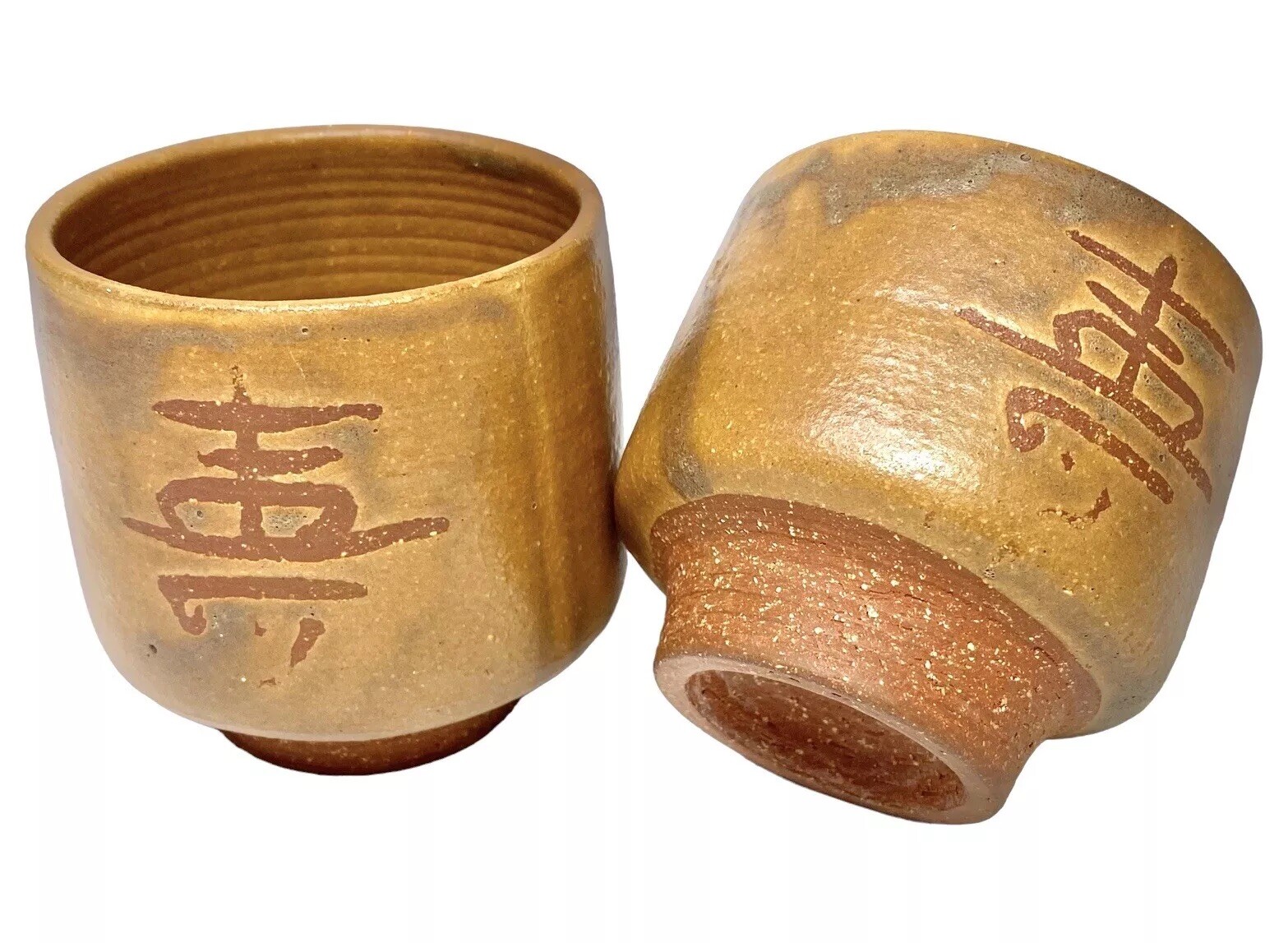Juego de 2 tazas con patas de cerámica de estudio firmadas vasos taza Yunomis decoración resistente a la cera