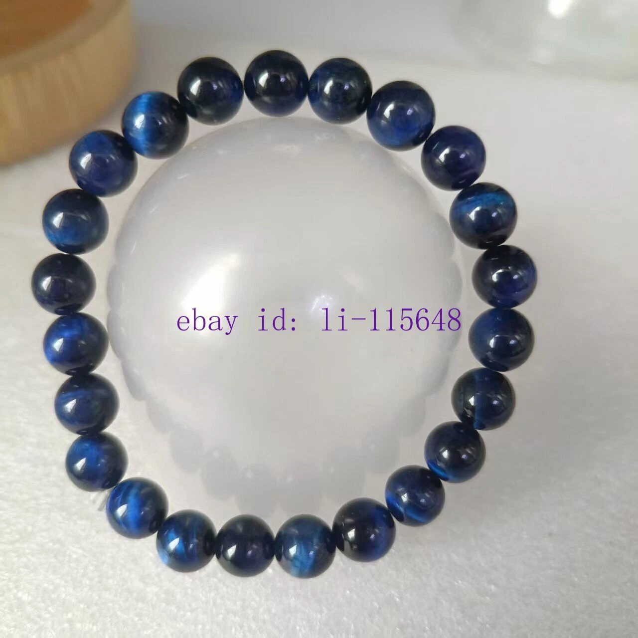 VALENTINO Bracciale Guarigione Perline Pietra Naturale Occhio di Tigre Blu 8mm 7 5" Gioielli Donna Uomo