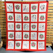 Vintage Handmade Quilt Embroidered XXX Bible Blocks Christmas Jesus 80" x 68"