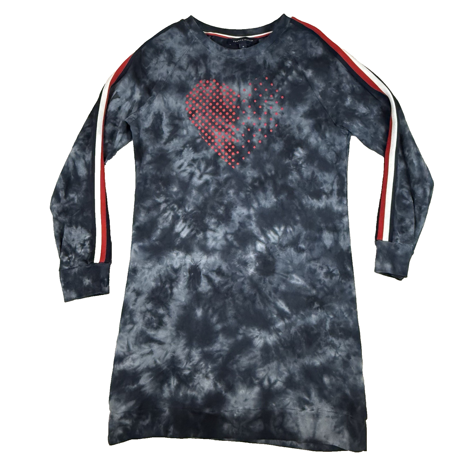 Tommy Hilfiger Blue Tie Dye Sweatshirt Dress Size M with Red Heart Side Stripe Sporty Style