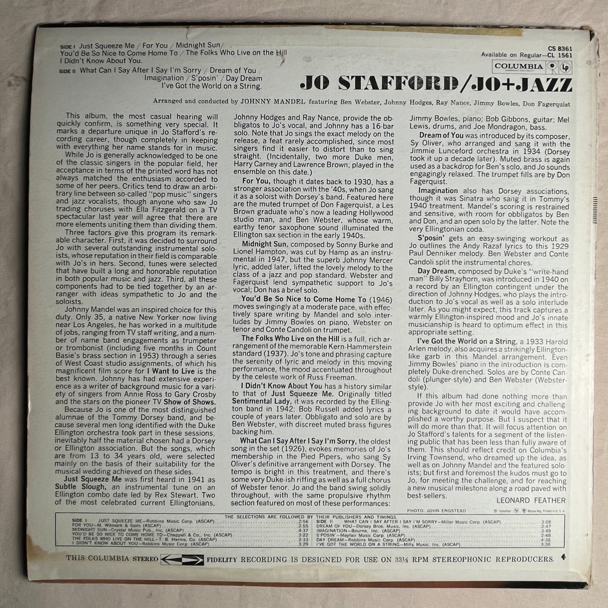 JO STAFFORD Jo + Jazz 1960 Vinyl LP Columbia CS 8361 - G+ | eBay