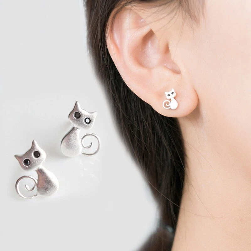 Diamond Set Cat Stud Earrings In Sterling Silver - Foto 6