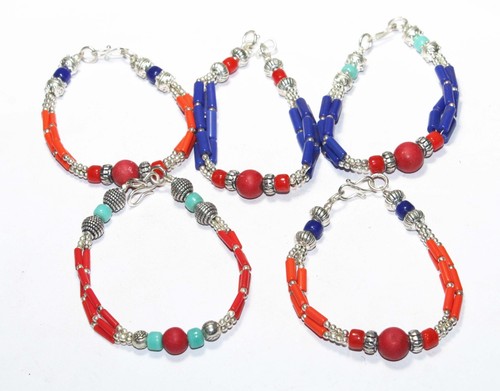 Tibetan Turquoise Amber Lapis Gemstone Handmade Nepali Bracelet Size 7.8 Inches - Picture 2 of 3