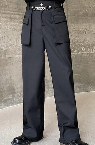 Men's high-waist chain style straight-leg casual trousers with flap pockets - Picture 4 of 6