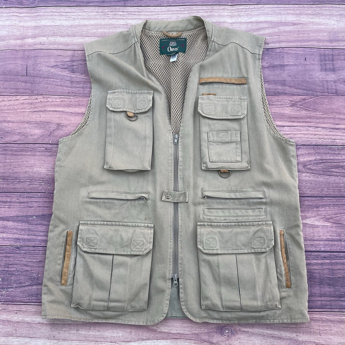 Vintage ORVIS Beige Fishing Vest Mens XL Leather Trim Chore