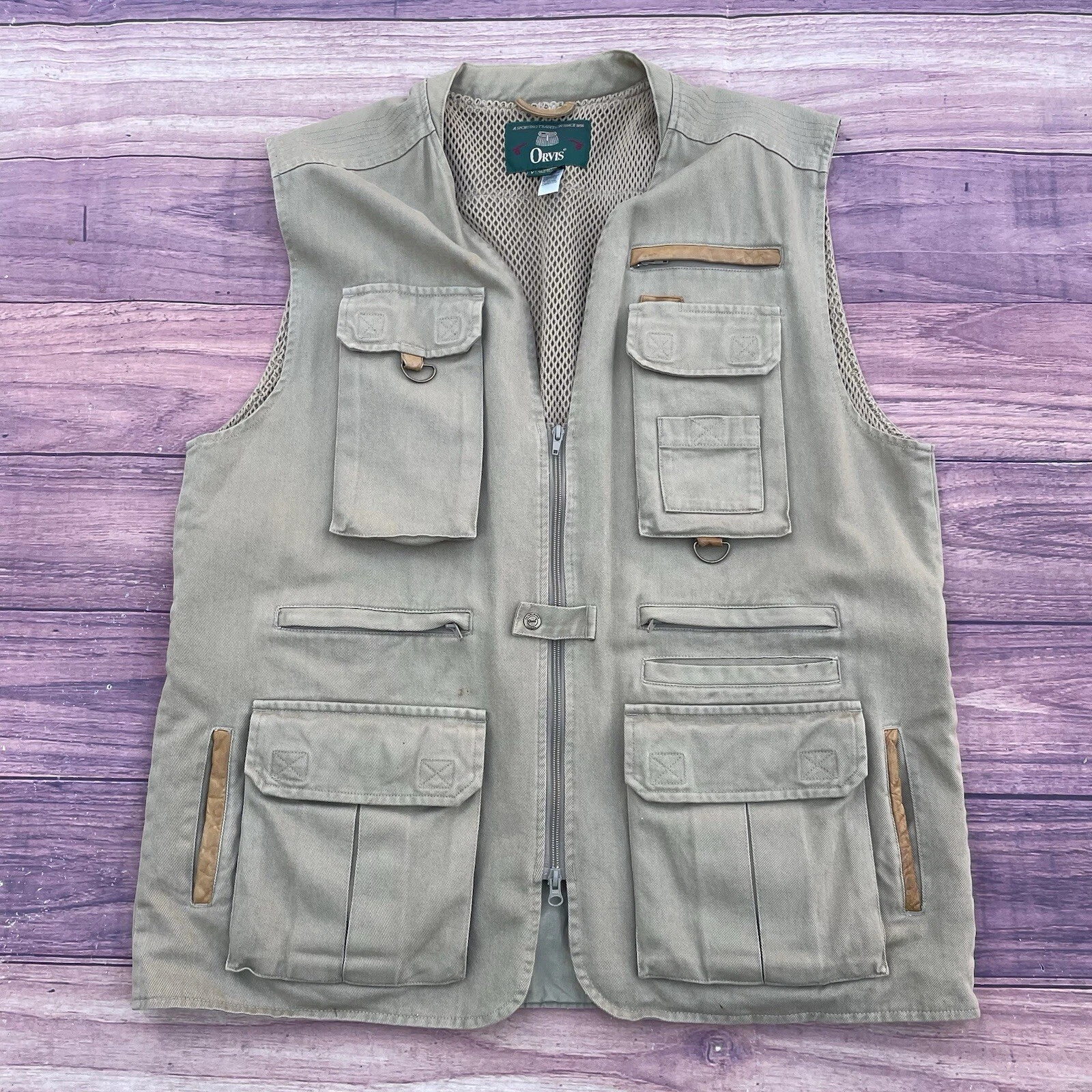 Vintage ORVIS Beige Fishing Vest Mens XL Leather Trim Chore Utility Pocket Zip