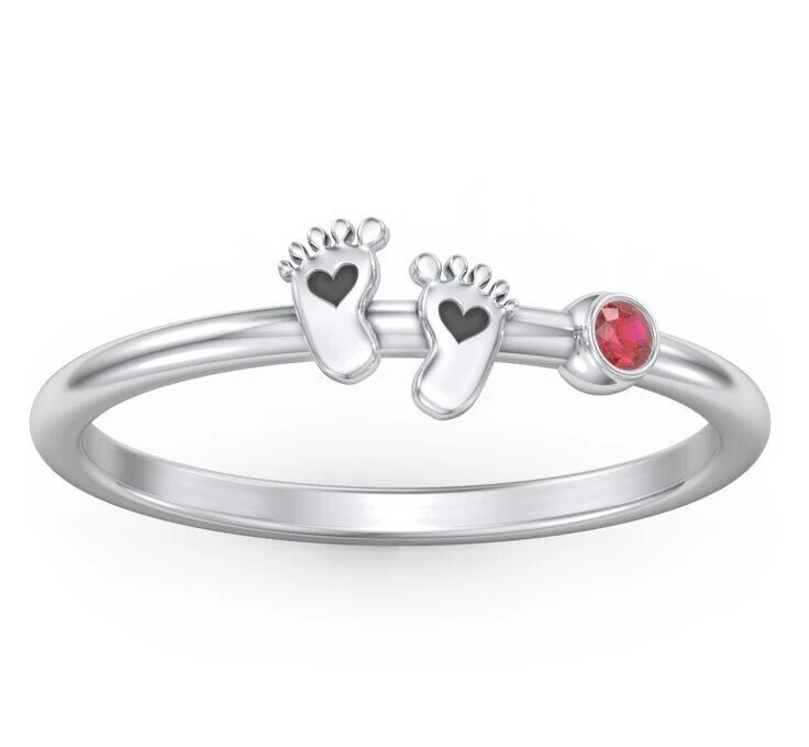 Simulated Round Cut Ruby With Baby Feet's Print Ring For Women In 10K White Gold - Image 2 of 4