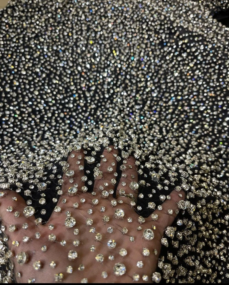 Material de tela con cuentas de diamantes de imitación para elegante tela de encaje nupcial por yarda Foto 3 de 4