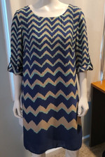 Lux II Chevron Lined Dress Size 6 Medium Machine Wash Navy Teal Roll Up Shaft