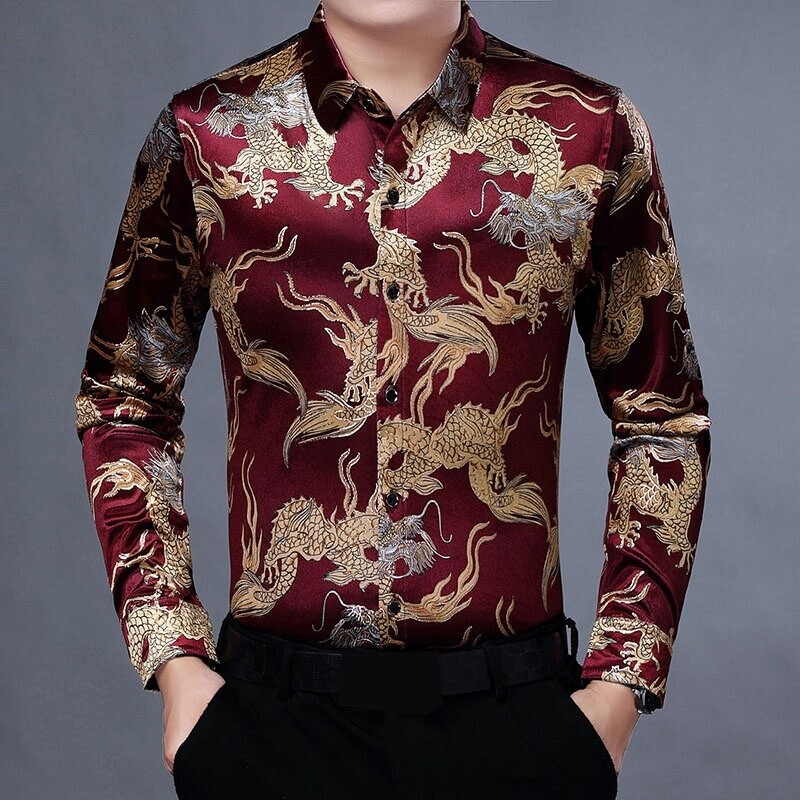 Men Chinese Gold Dragon Print Velvet Long Button Retro Comfort | eBay