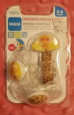 Vintage For a Baby 0-6 Months MAM Pacifiers With Clip Giraffe New in Packaging